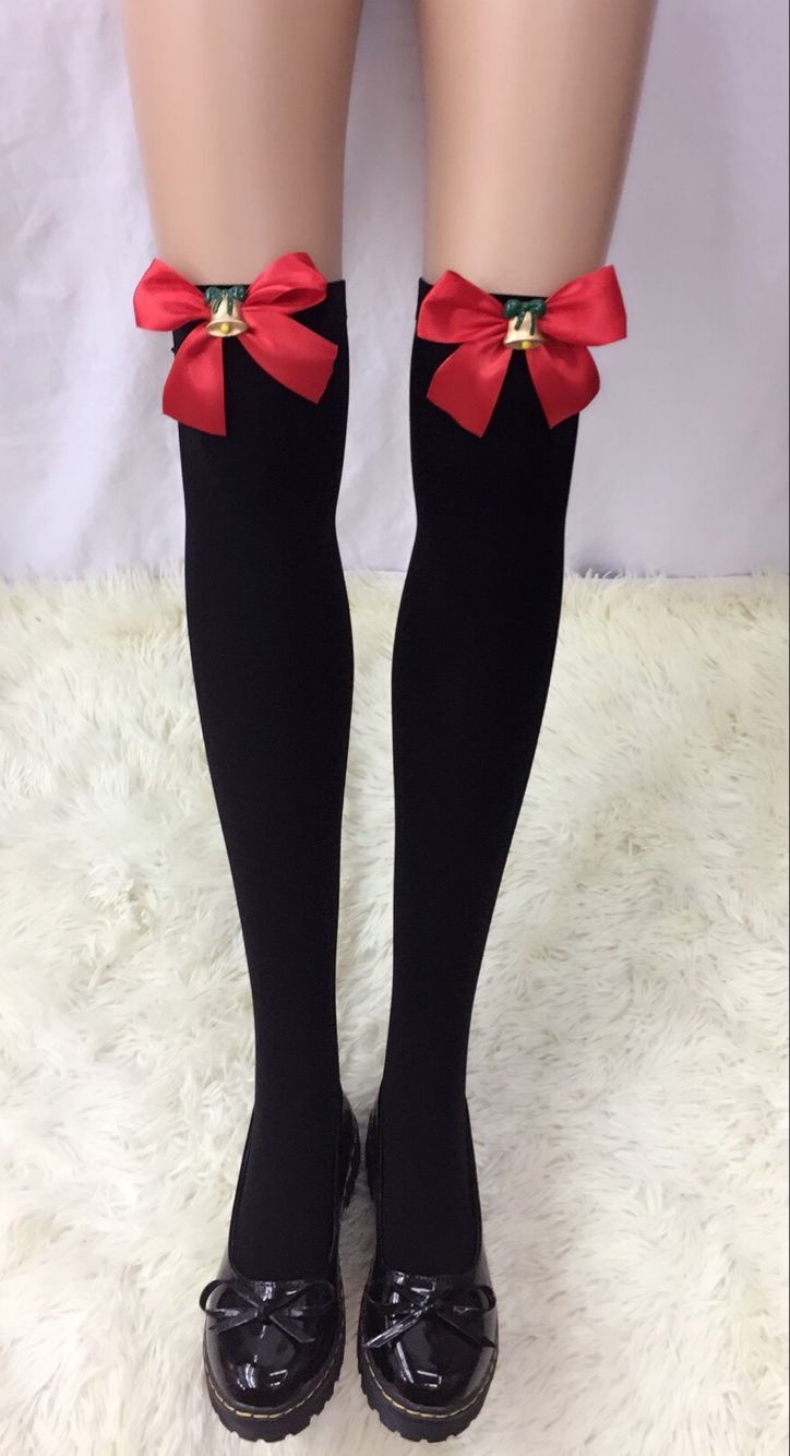 F8195-2 Thigh Stocking with Satin Bows Opaque Over The Knee Halloween Socks